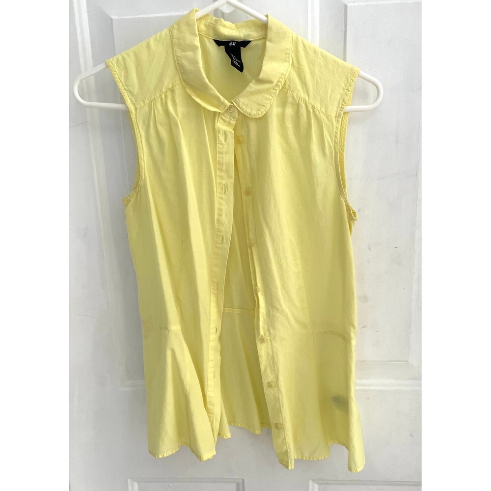 H&M Women Sleeveless Peter Pan Collar Blouse Pastel Yellow Peplum Top Size 6